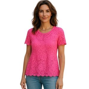 2/30 New! ISAAC MIZRAHI LIVE! Top Pink Crochet Floral High Quality  Size L